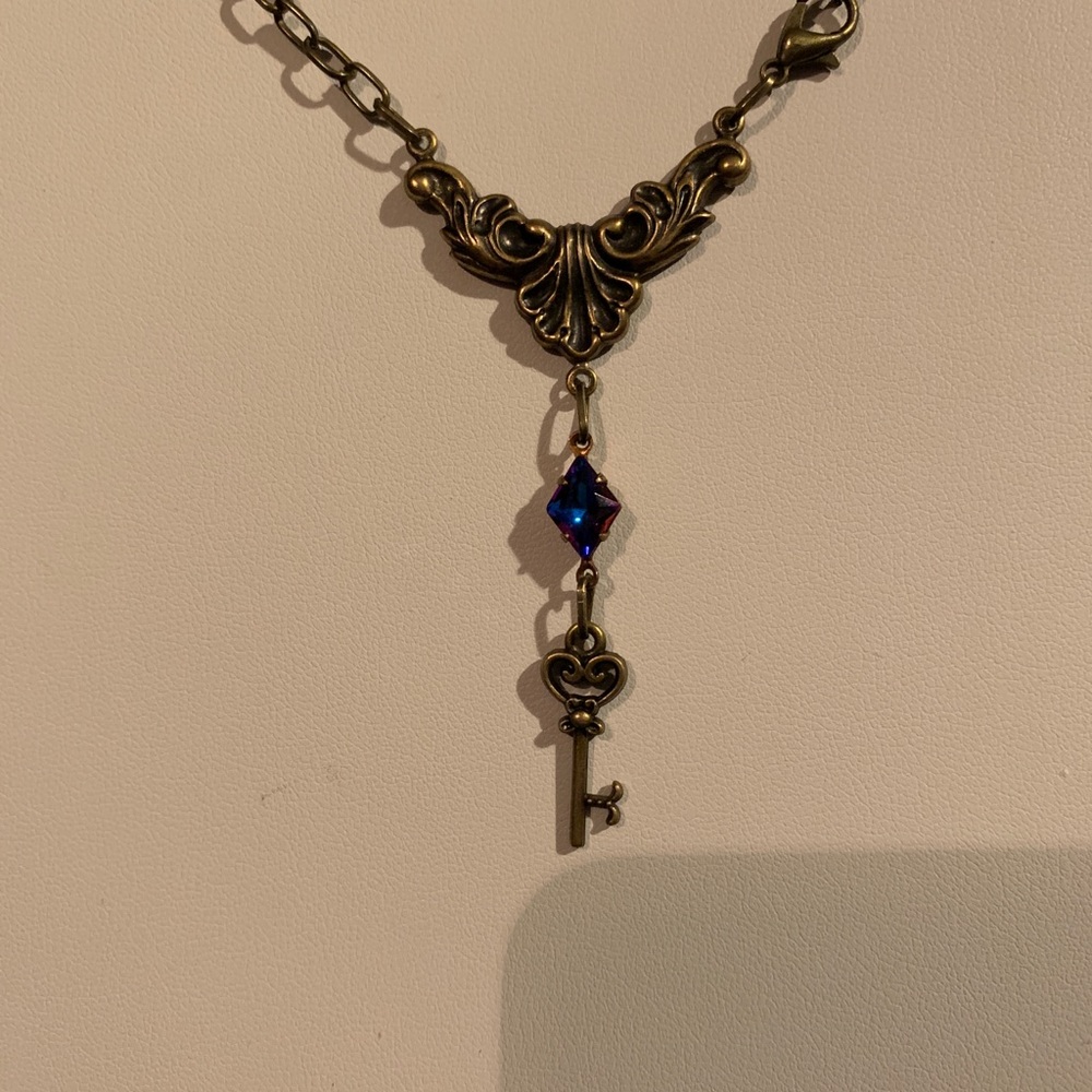 O.O.A.K. Red/Blue Gemstone Key Charm Drop Necklace
